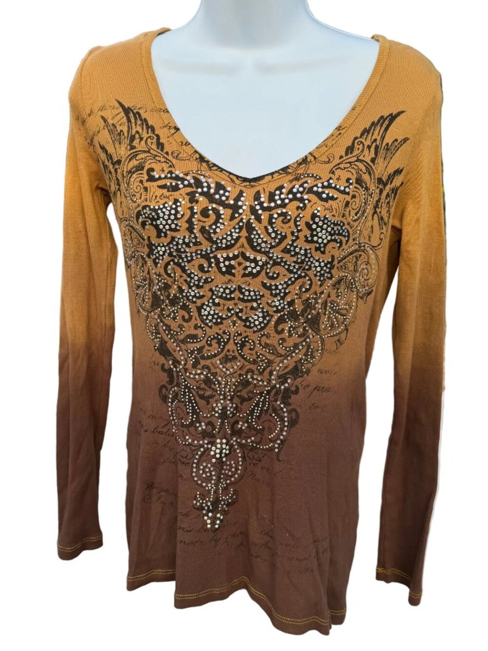 Vocal ombre gradient tan-brown rhinestone long sleeve top with lace cutouts